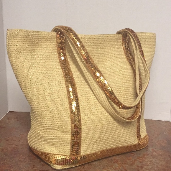 Capelli of New York Handbags - Capelli Paper Straw Sequin Trim Beach Tote Bag